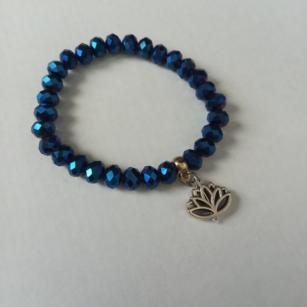 Hand Crafted Lotus flower blue crystal iridescent beaded statement bracelet